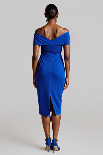 Royal Blue Off The Shoulder Bodycon Midi Work Dress With Lace